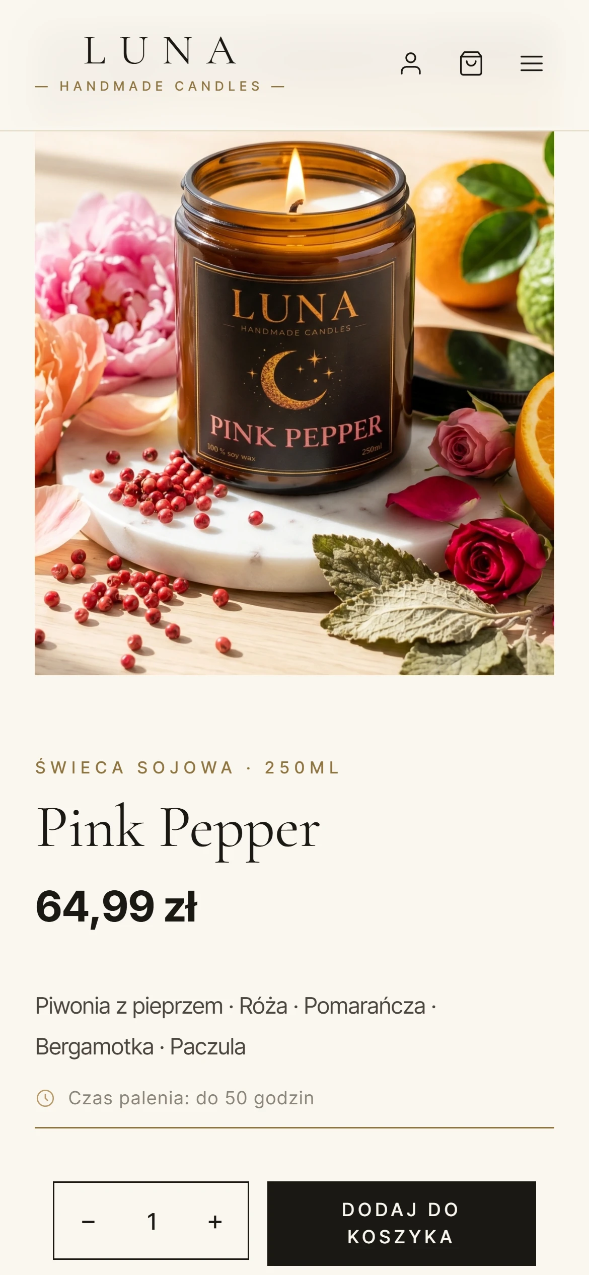 Luna Candles — widok strony na telefonie